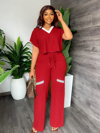 Costume élégant pour femmes, décontracté, col en V, manches courtes, T-shirt et pantalon, ensemble deux pièces, mode d'été, tenue de sport solide