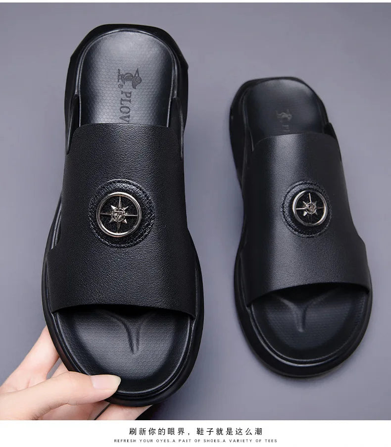 Luxury Men's Genuine Leather Sandals Classic Roman Men Shoes Slippers Soft Comfortable Men Non-slip Walking Slippers Footwea