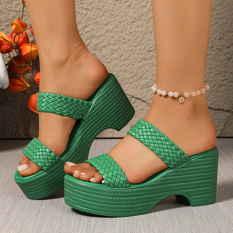 2025 vert talon compensé tissé sandales femmes grande taille grosse plate-forme pantoufles femme été semelle épaisse diapositives chaussures femme 42