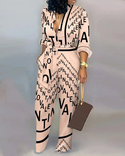 Femmes mode lettre imprimer à manches longues combinaison printemps bouton une pièce salopette Streetwear automne élégant bureau dame combishort