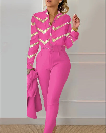 Ensemble chemise et pantalon à manches longues pour femmes, col montant, imprimé floral, chemise décontractée élégante, FJSuits avec ceinture, automne, hiver, 2 pièces