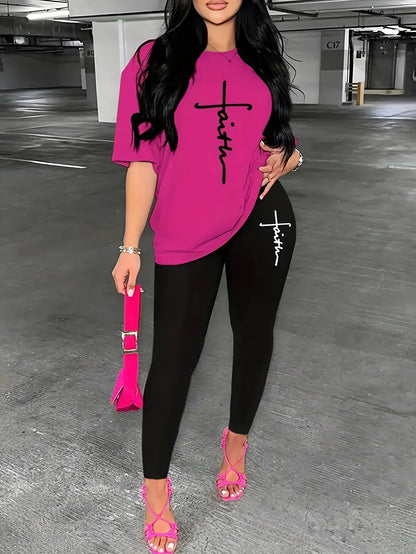 Ensemble de tenue de sport pour femmes, grande taille, lettre imprimée, T-shirt noir à manches courtes, haut et pantalon, Fitness, ensemble 2 pièces