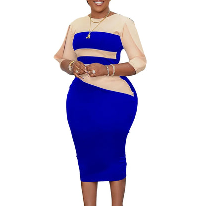 Robe élégante à col rond pour femme, manches trois quarts, gaine patchwork, hanches GT, mi-mollet, affaires professionnelles, chaud, bureau