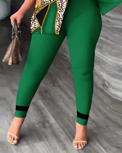 Ensemble deux pièces élégant pour femmes, nouvelle mode, imprimé, manches à volants, haut, pantalon de couleur unie, avec ceinture, chemisiers, vêtements féminins