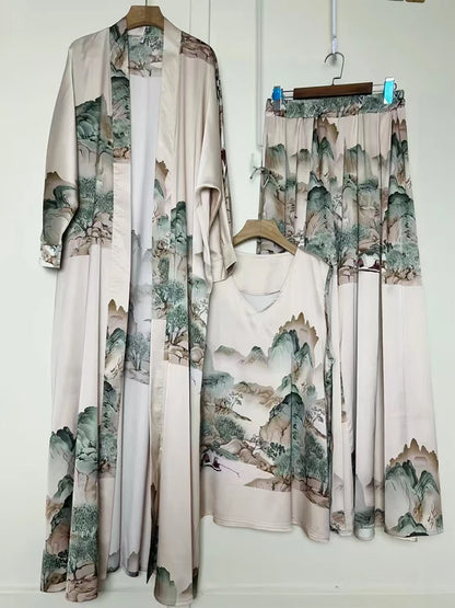 Cardigan long imprimé géométrique rétro, ensemble trois pièces, pull ample + jupe à jambes larges, costume à la mode pour femmes, été 2025