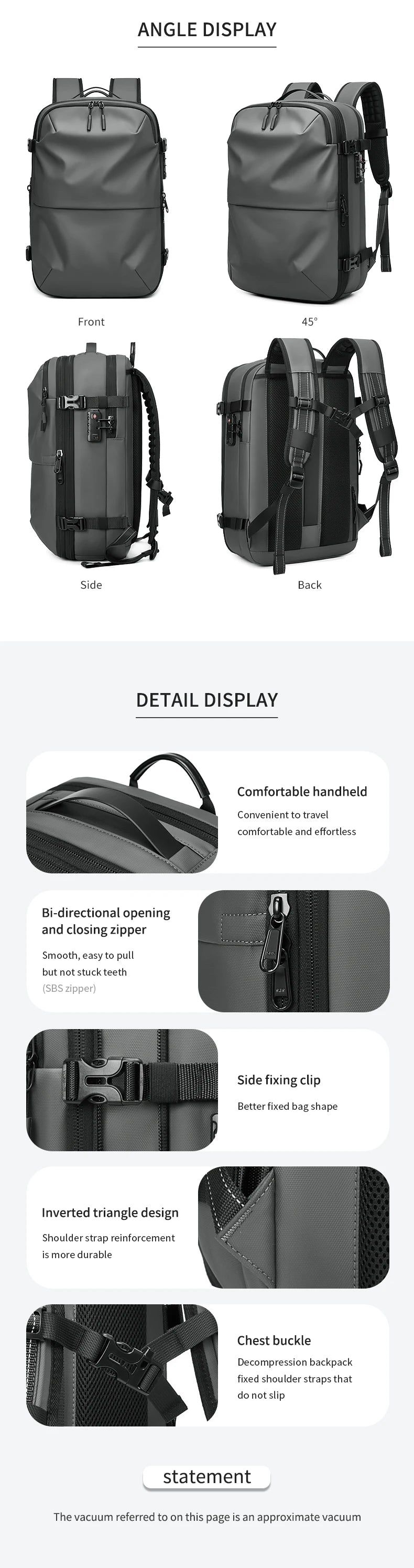 Sac à dos de voyage à compression sous vide pour hommes, sac à dos pour ordinateur portable 17 pouces, sac à dos scolaire de grande capacité, sac à dos de randonnée étendu SR