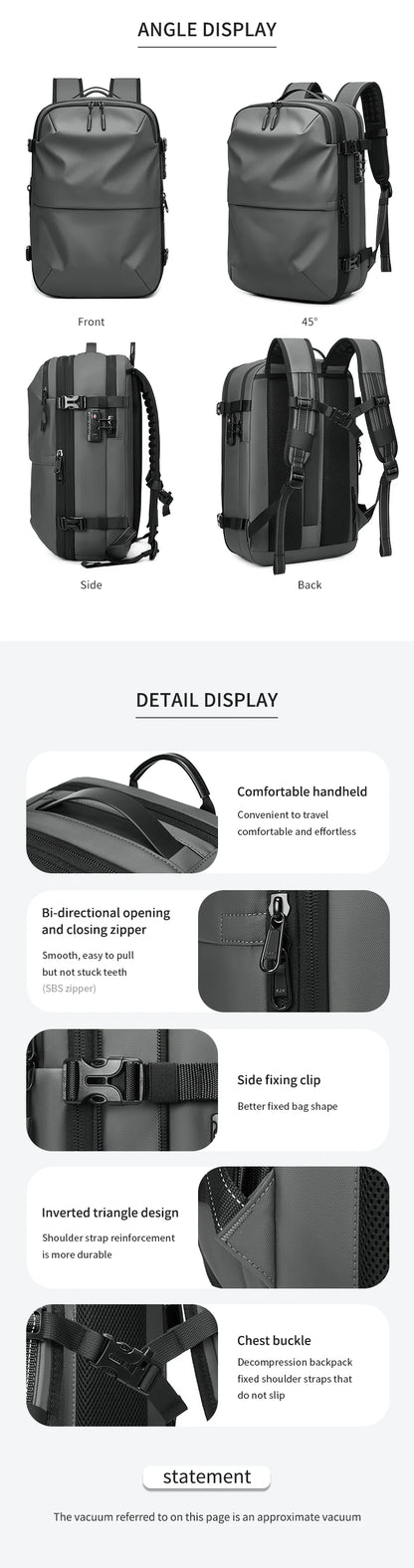 Sac à dos de voyage à compression sous vide pour hommes, sac à dos pour ordinateur portable 17 pouces, sac à dos scolaire de grande capacité, sac à dos de randonnée étendu SR