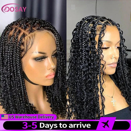 Perruques Synthétiques Bouclées Courtes 360 Full Lace Boho Tresses, 12 Pouces, Sans Nministériels d, Tresse de Boîte de Déesse, Cheveux de Bébé Pré-épilés