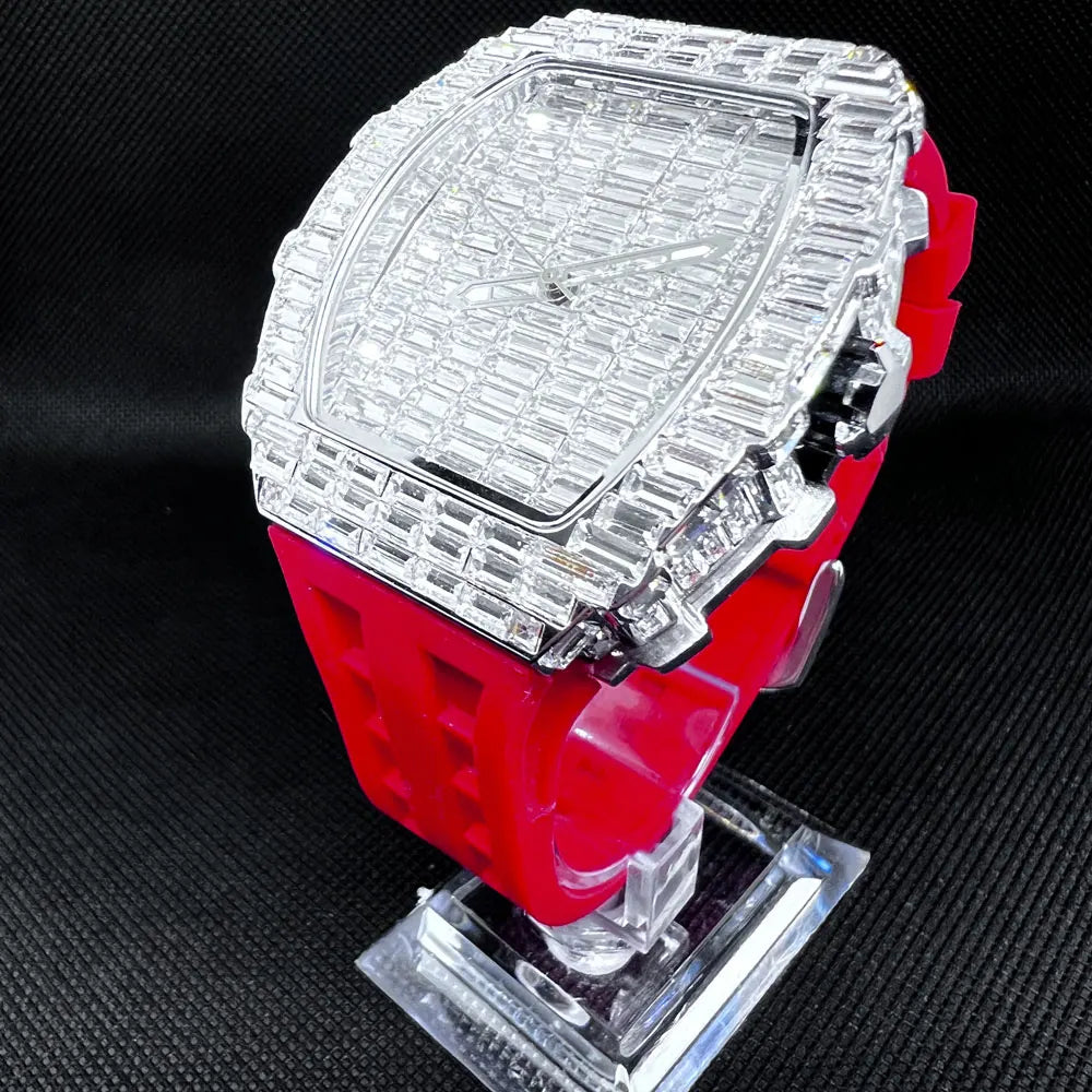 Montre-bracelet à Quartz pour hommes, marque de luxe, nouvelle collection créative, carrée, diamant scintillant, bracelet en caoutchouc, grand visage, cadeau, 2024