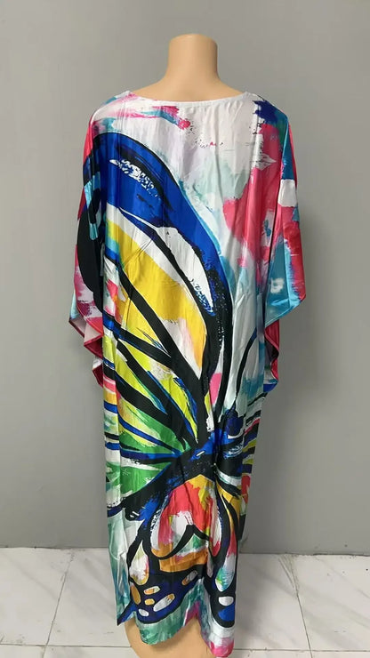 Robe confortable grande taille pour femmes, imprimé Floral, taille ample, jupe longue, manches chauve-souris, col en V, longueur cheville, mode élégante