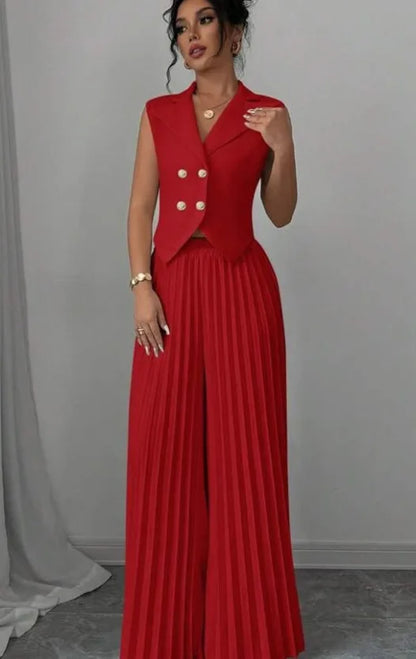 Costume de bureau pour femmes, couleur unie, décontracté, Slim, boutons, ensemble deux pièces, col rabattu, sans manches, Blazer et pantalon plissé, tenues