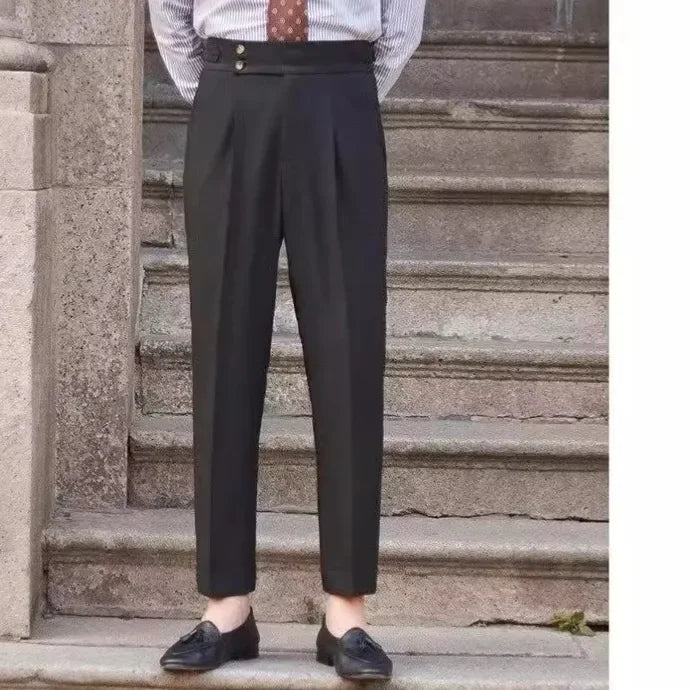 BS Vintage taille haute hommes décontracté pantalon droit Smalltrousers affaires britanniques Paris boucle blanc pantalon Long