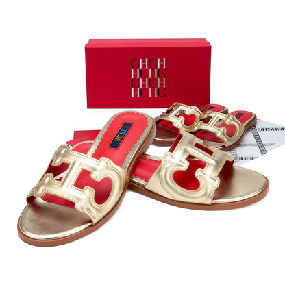 Sandales Dorées Femme Design H Métallique Été 2025 Confort Orthopédique Enfilage Rapide Antidérapant Détail Vague Respirant Soirée Chic