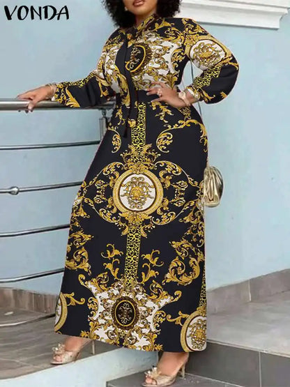 VONDA Robe Maxi 2024 été femmes bohème imprimé fête Robe d'été à manches longues col montant Robe décontractée vacances robes ceinturée