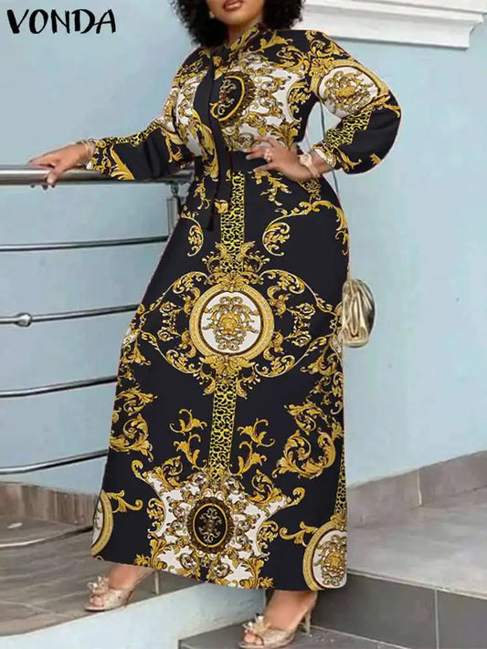 VONDA Robe Maxi 2024 été femmes bohème imprimé fête Robe d'été à manches longues col montant Robe décontractée vacances robes ceinturée