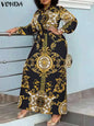 VONDA Robe Maxi 2024 été femmes bohème imprimé fête Robe d'été à manches longues col montant Robe décontractée vacances robes ceinturée