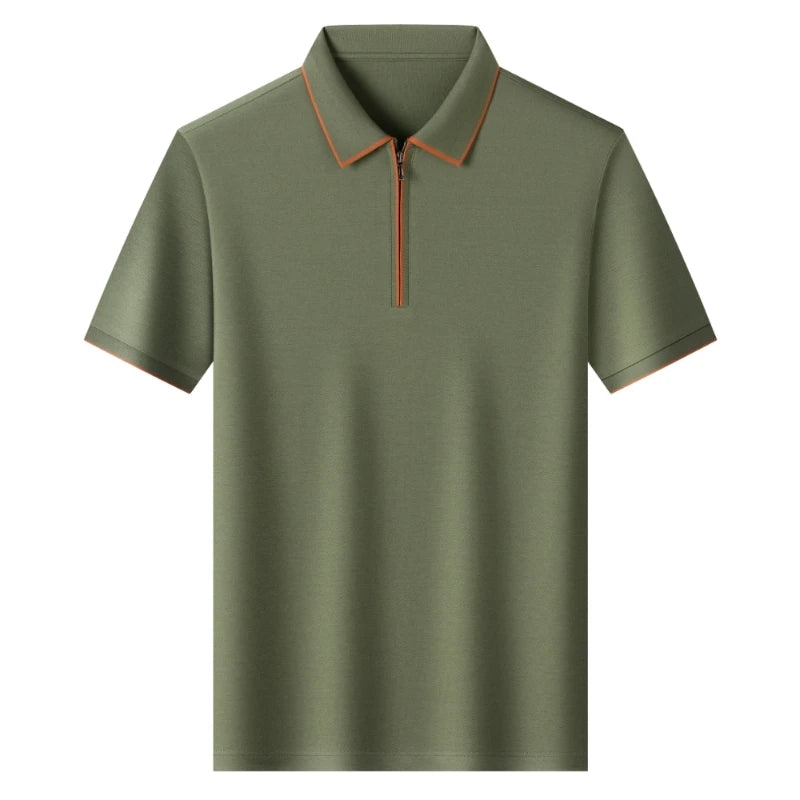 Polo en soie à fermeture éclair pour hommes, T-Shirt à manches courtes en mûrier avec fermeture éclair en métal, col montant, haut d'été décontracté de luxe en coton et lin