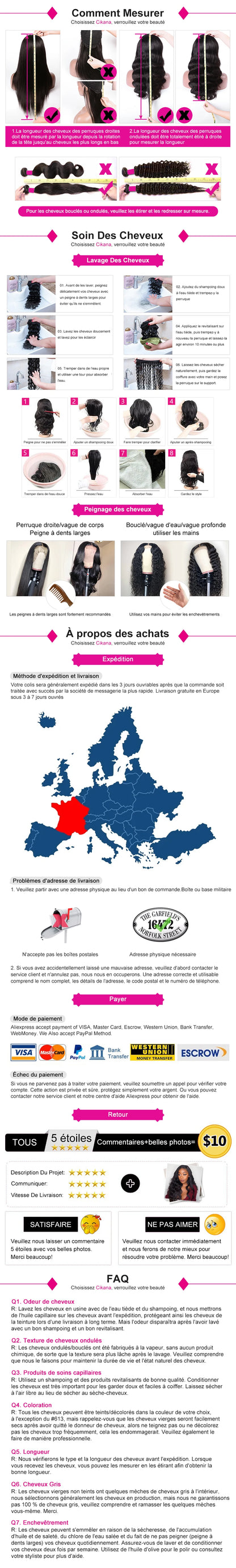 Perruque Lace Closure Wig sans colle bouclée, cheveux naturels, Deep Wave, HD, 13x6, pre-à-porter, densité 200