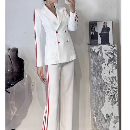 Ensemble de pantalons 2 pièces de luxe pour femmes, blazer à double boutonnage, revers Patricia, longueur régulière, coupe couvertes, haute qualité