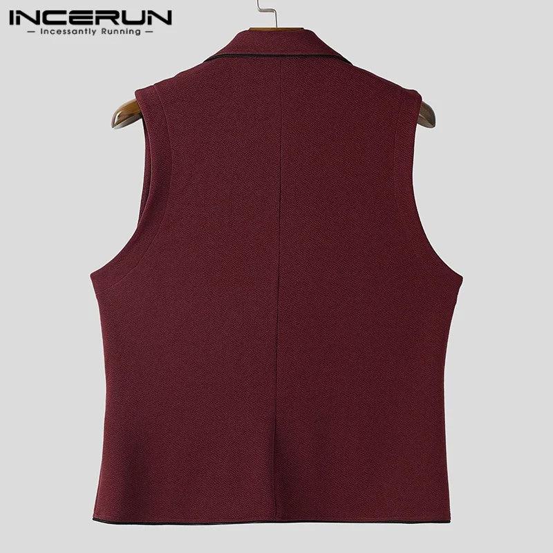 INCERUN hommes gilets Patchwork revers sans manches bouton décontracté hommes gilets couleur-bloc Streetwear 2025 mode gilets hommes S-5XL