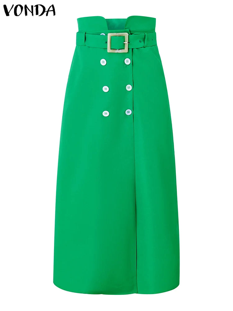 VONDA femmes jupes 2025 décontracté ceinture bouton conception fente longues jupes élégant couleur unie bureau dame bas surdimensionné