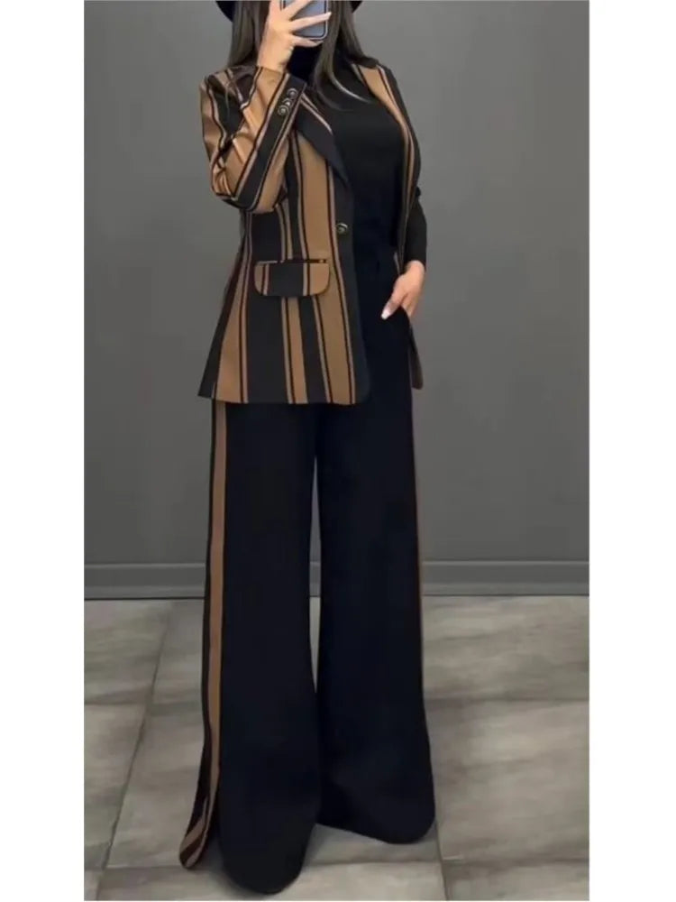 Femmes rayé imprimé costumes + pantalons deux pièces ensembles automne hiver décontracté jambe large pantalons ensembles bureau dames élégant manteaux tenues