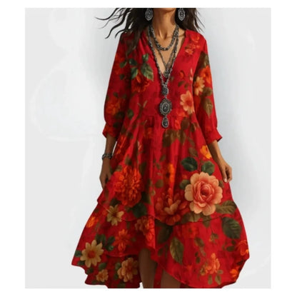 Robe décontractée pour femmes, ample, rétro, imprimé, manches 7-quarts, mode printemps-automne, élégante, bord de mer, vacances, 2025