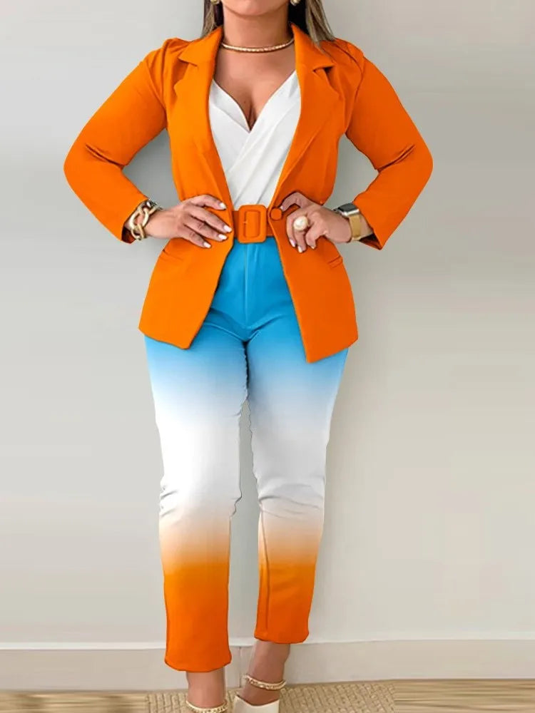 Ensemble de travail deux pièces avec ceinture pour femme, blazer à col à revers, manteau cardigan, pantalon, lettre imprimée, mode, bureau imbibé, automne, hiver