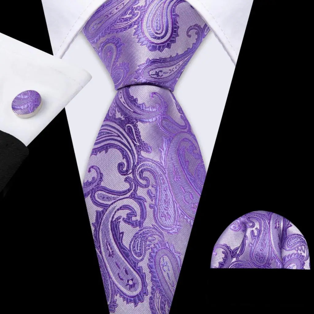 Barry.Wang violet lilas lavande soie hommes cravate mouchoir bouton de manchette ensemble Jacquard cravate florale pour homme mariage fête d'affaires