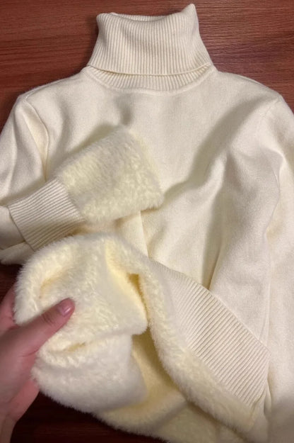 Pull une pièce en velours de vison à col roulé et épais pour femme, intérieur chaud avec chemise tricotée à bascule, 2025