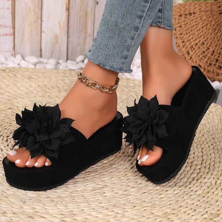 Femmes luxe décor sandales été fleur noire en plein air mode compensées décontracté bureau fête élégant Sexy plate-forme talons hauts 2025
