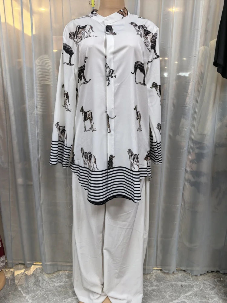 Ensemble Dashiki africain 2 pièces pour femmes, haut imprimé chien, pantalon ample, costume traditionnel, respirant, confortable, tenue décontractée, été