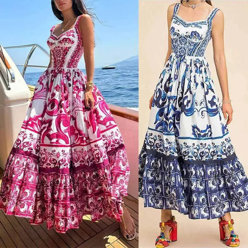 Robe d'été plissée pour femmes, Sexy, col en V, taille haute, mode, imprimé Floral, sans manches, robe de vacances, nouvelle collection