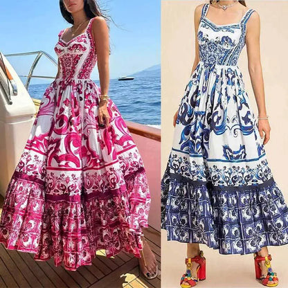 Robe d'été plissée pour femmes, Sexy, col en V, taille haute, mode, imprimé Floral, sans manches, robe de vacances, nouvelle collection