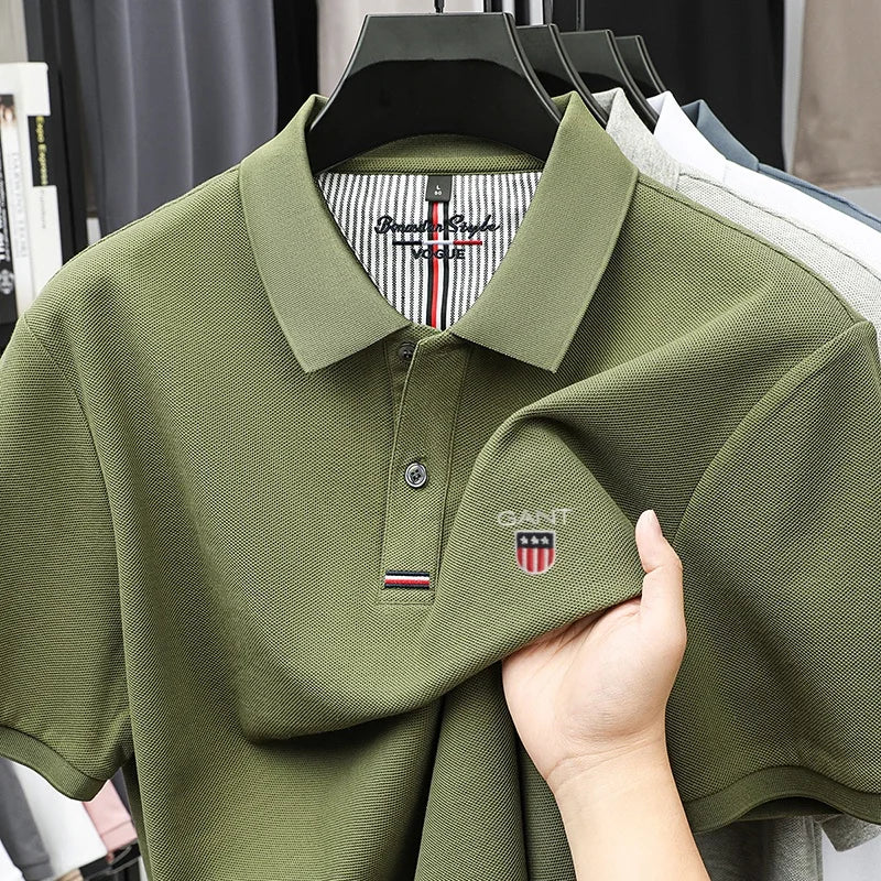 Polo d'été brodé de haute qualité pour hommes, chemise à manches courtes en pur coton respirant et décontracté pour affaires