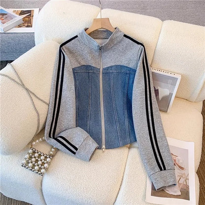 Ensemble pantalon femmes deux pièces ensembles Denim épissure fermeture éclair ensembles assortis manteaux décontractés jambe large pantalons longs à lacets taille élastique 2025