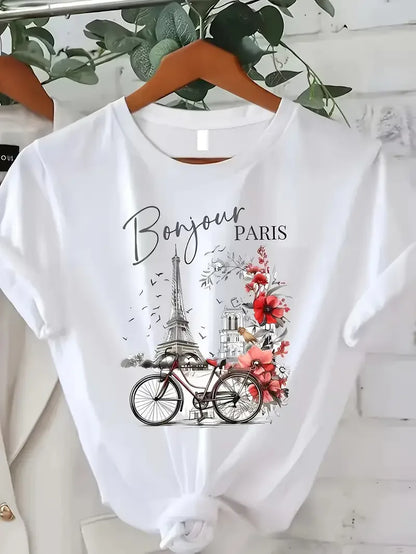 Mode Bonjour Paris texte imprimé à manches courtes imprimé T-Shirt vêtements de sport femmes T-Shirt graphique vêtements haut T-Shirt