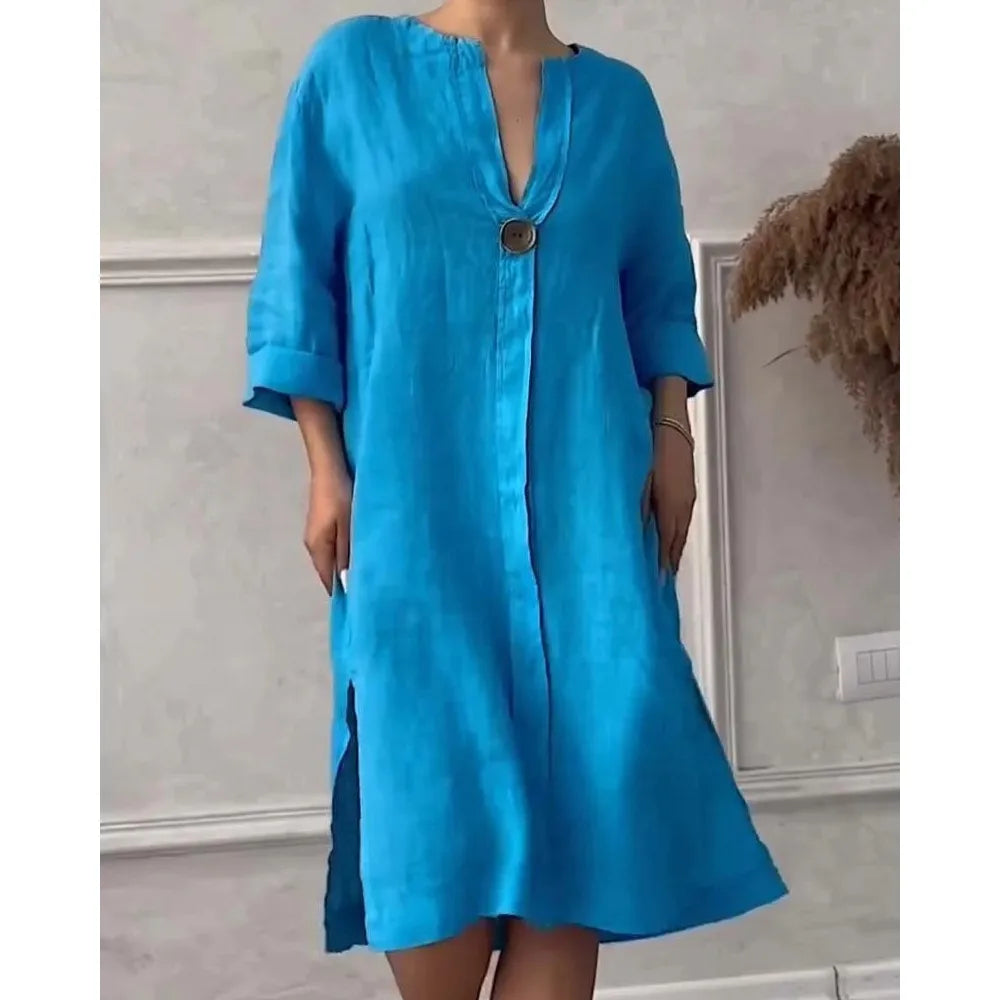 Robe pull décontractée à manches longues pour femmes, robe maxi boutonnée, col en V, fente latérale double, coton et lin, document solide, nouveau, 2024