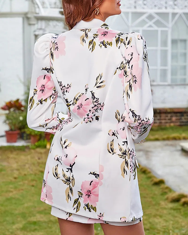 Mode polyvalent correspondant costume et jupe femmes décontracté imprimé fleuri manches bouffantes Blazer manteau et jupe ensemble dames deux pièces costume