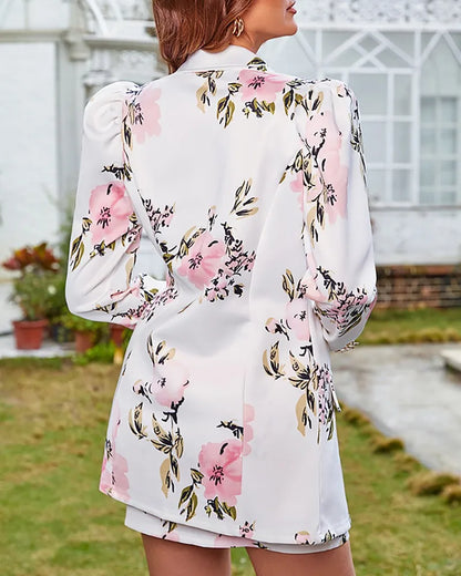 Mode polyvalent correspondant costume et jupe femmes décontracté imprimé fleuri manches bouffantes Blazer manteau et jupe ensemble dames deux pièces costume