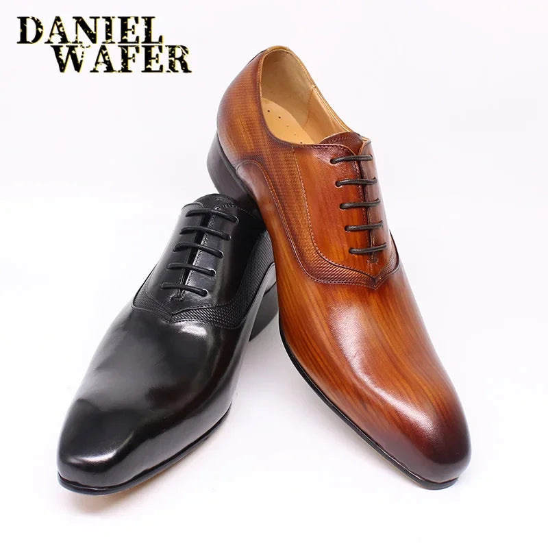 Chaussures Oxford de luxe en cuir véritable pour hommes, faites à la main, noir, marron, imprimé, à lacets, pointu, Parker, mariage, bureau, robe formelle