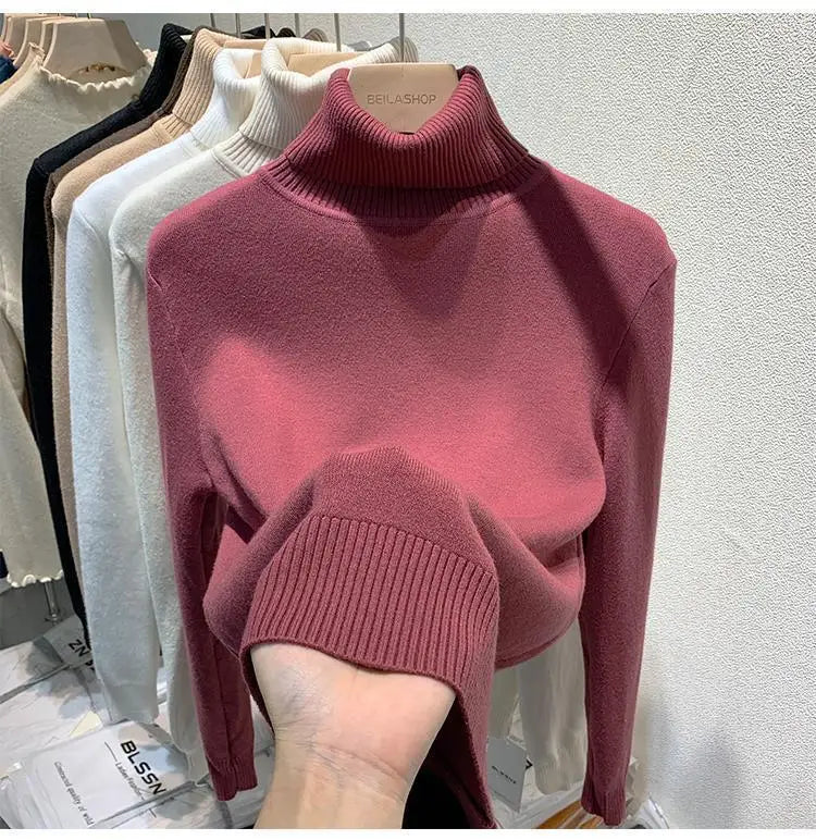 Pull épais à col haut pour femme, haut d'hiver chaud et doux, couleur unie, vêtements intérieurs, chemise à bascule, nouvelle collection 2025