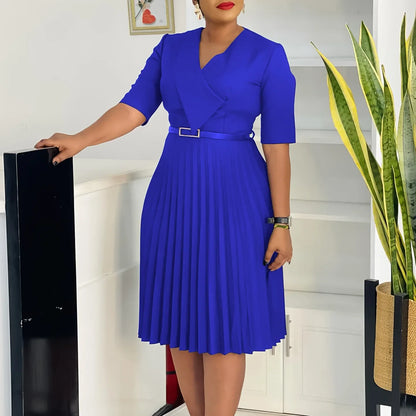 Robe plissée mi-longue en polyester à manches courtes et col en V pour femmes, vêtements africains, robe élégante, fête de mariage, été, Dashiki, 2025