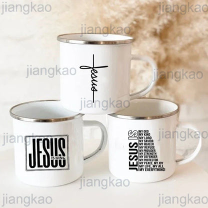 Jésus est Dieu imprimer tasses en émail chrétien créatif tasses à café boisson Dessert petit déjeuner lait tasse Vintage tasse poignée Drinkware cadeau