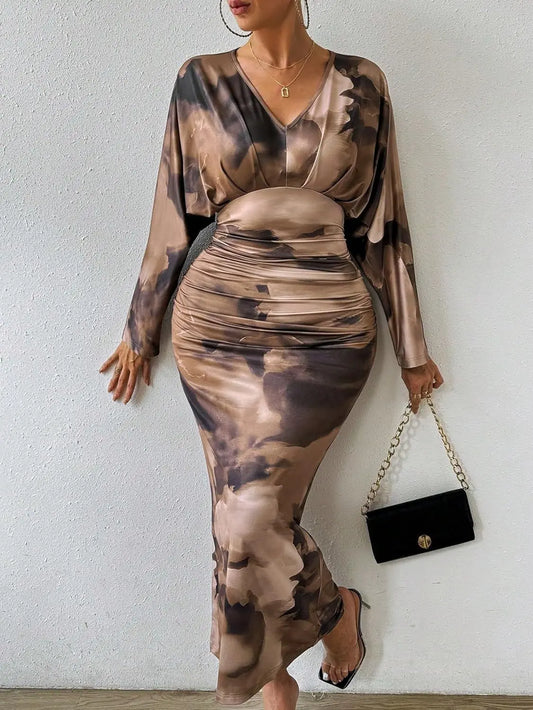 Robe longue plissée à col en V pour dames, manches chauve-souris minces sexy, style européen et américain, tempérament tendance, automne, nouveau