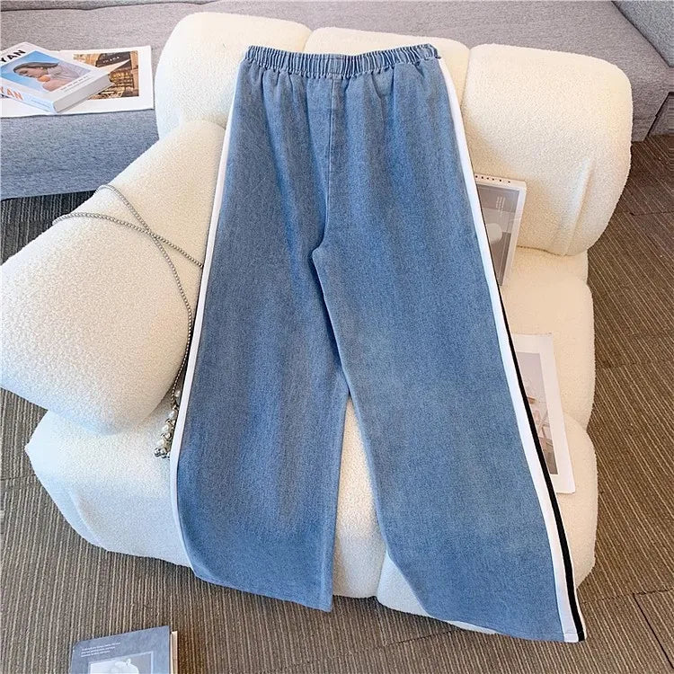 Ensemble pantalon femmes deux pièces ensembles Denim épissure fermeture éclair ensembles assortis manteaux décontractés jambe large pantalons longs à lacets taille élastique 2025