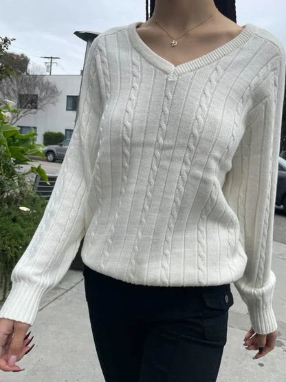 Pull Vintage à fleurs torsadées pour femme, col en V, manches longues, Style Preppy, décontracté, Streetwear, haut Chic, automne