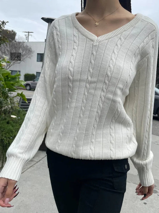 Pull Vintage à fleurs torsadées pour femme, col en V, manches longues, Style Preppy, décontracté, Streetwear, haut Chic, automne