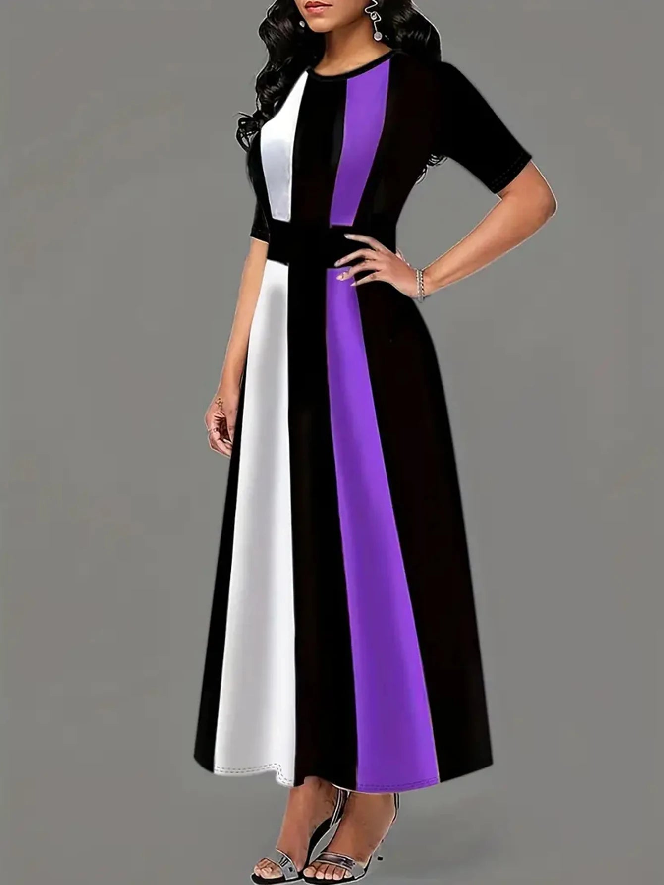 Robe à col rond bloc de couleurs, robe Vintage à manches courtes pour le printemps et l'été, vêtements pour femmes