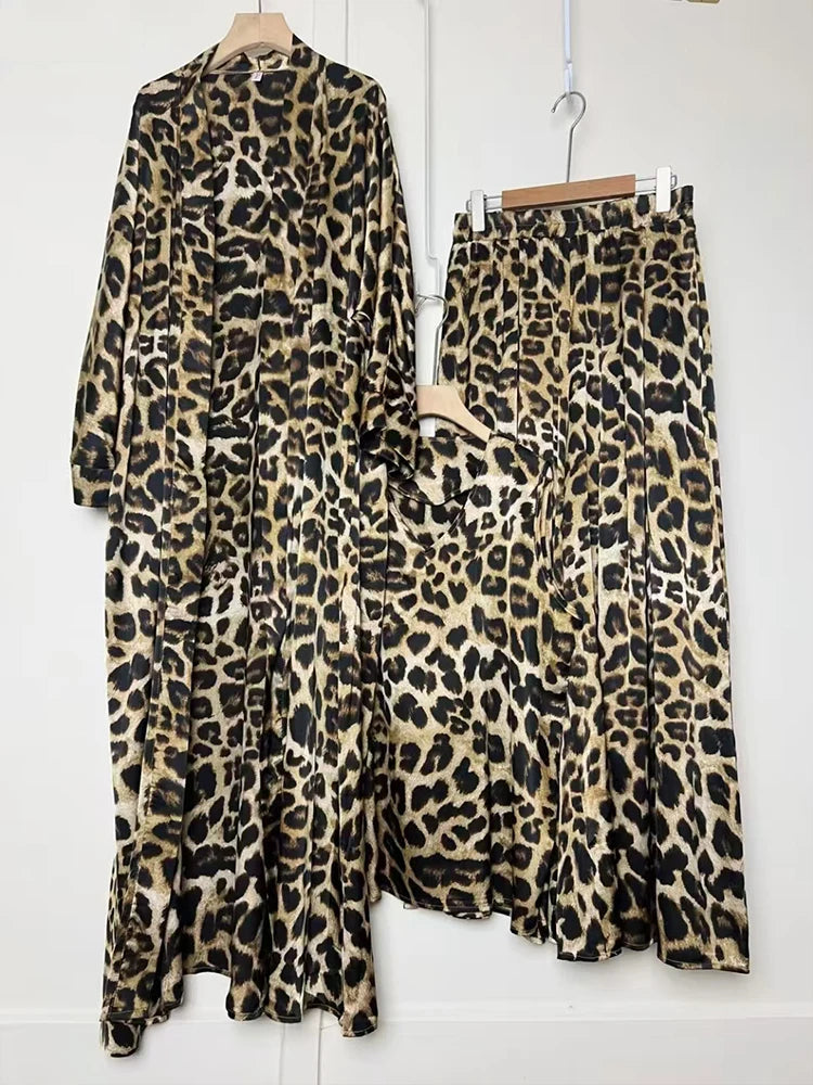 Cardigan long imprimé géométrique rétro, ensemble trois pièces, pull ample + jupe à jambes larges, costume à la mode pour femmes, été 2025